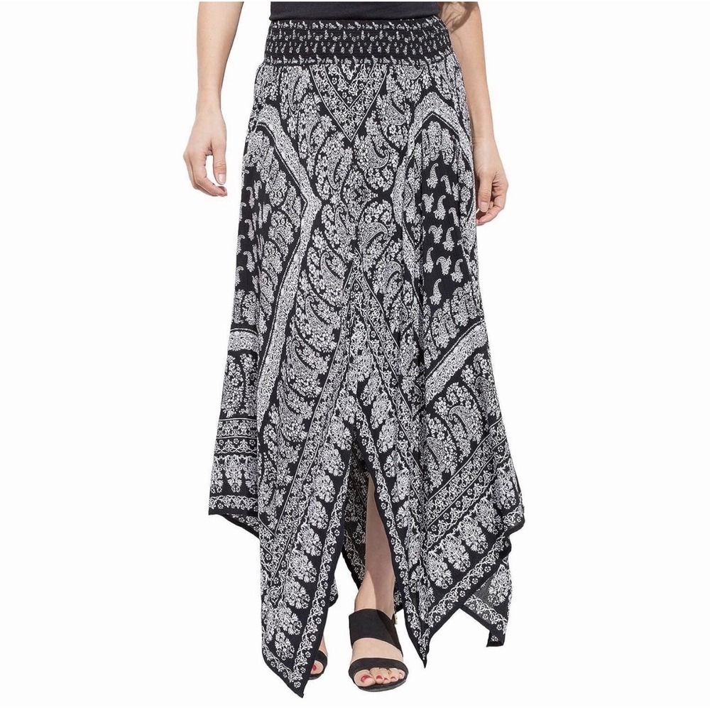 Boho Gypsy Women XXL Paisley Smocked Waist Skirt Handkerchief Hem Hippie Beach